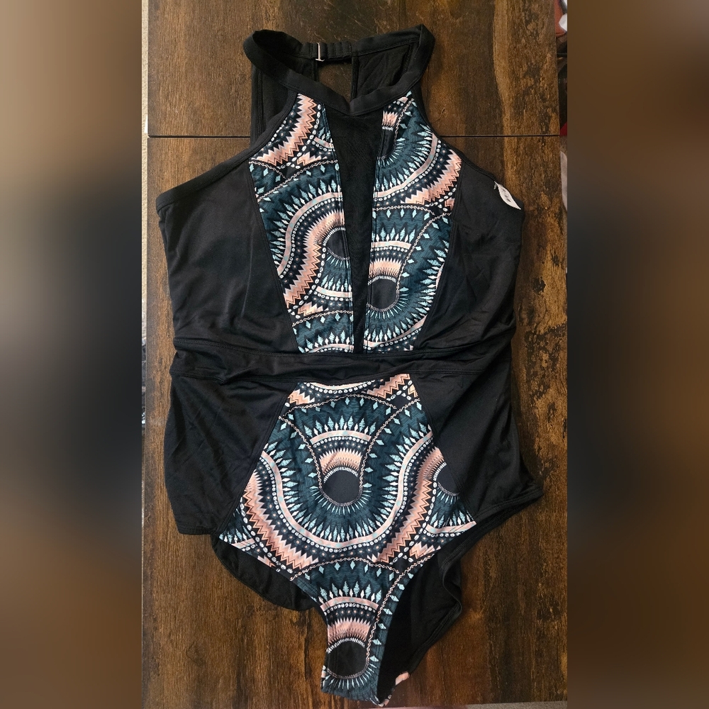 NWT Adore Me Black and Patterned One-Piece Swimsuit